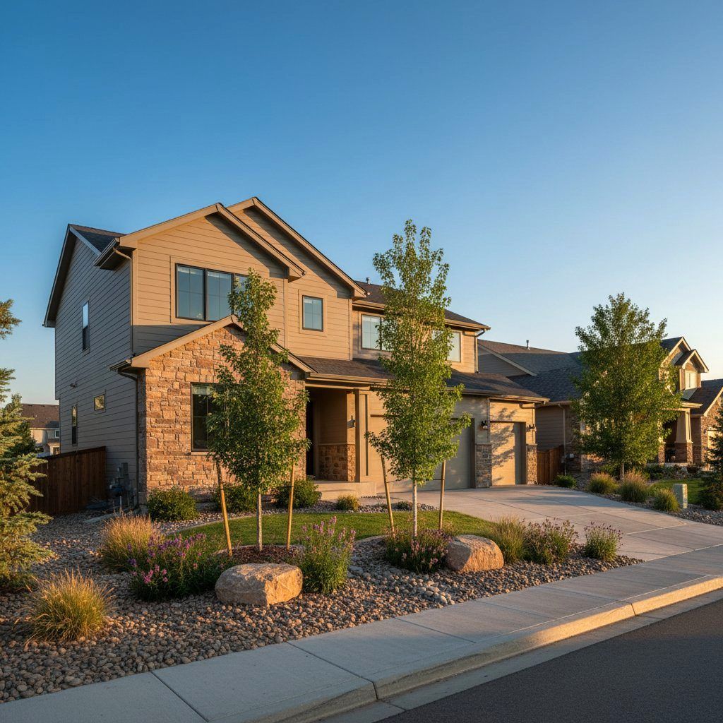 Warm-toned home exterior in the Saddle Rock golf course neighborhood of Centennial
