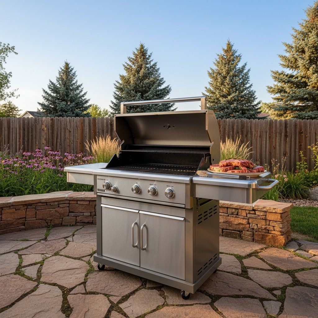 Wolf outdoor gas grill on a Centennial patio with lid open showing burner grates