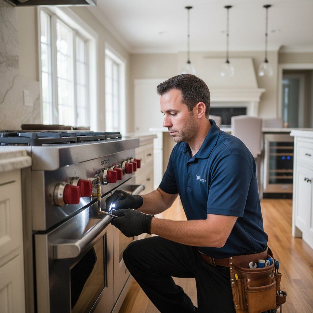 Technician servicing a range and warming drawer combination in a Centennial home