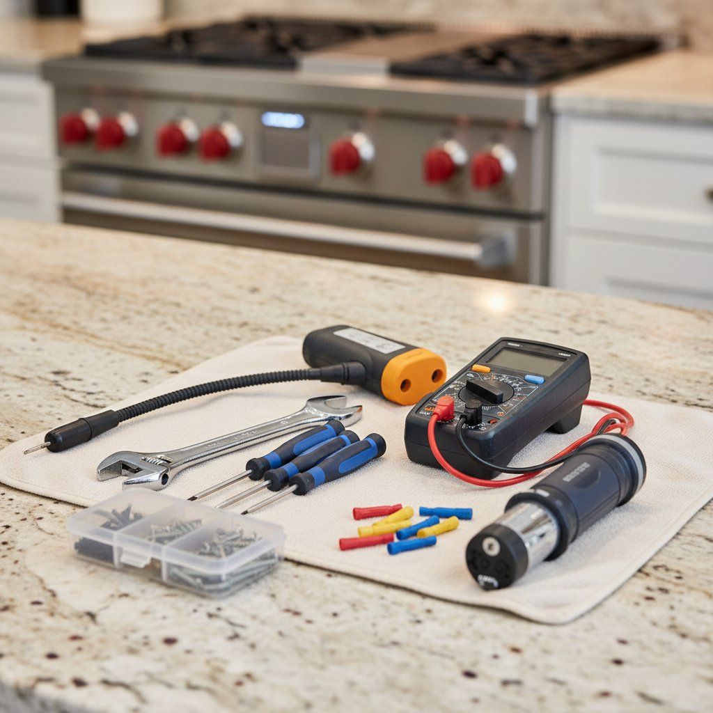 Technician's organized tool kit laid out before an appliance repair in a Centennial home