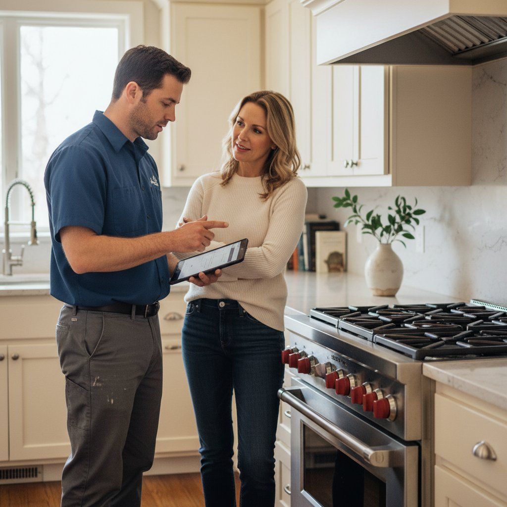 Appliance technician showing a Centennial homeowner the inside of her dishwasher during a repair visit