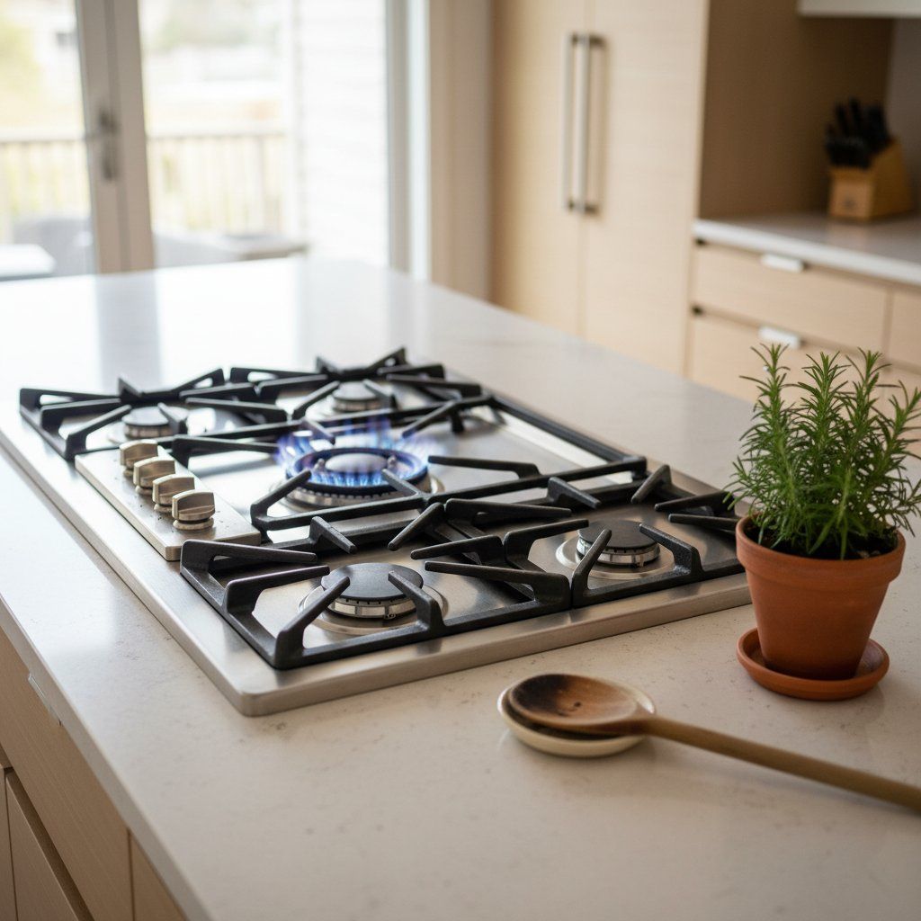 Wolf gas cooktop with brass-finish knobs in a Centennial kitchen