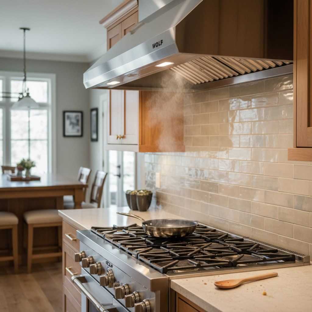 Wolf range hood ventilation and downdraft blower being inspected in a Centennial kitchen