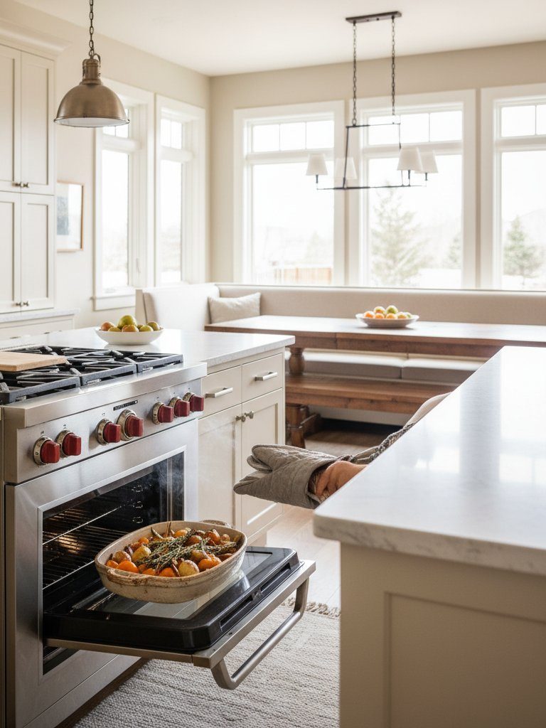 Beautiful Wolf kitchen with golden-hour light, professional range and oven in a warm Mediterranean-inspired interior